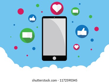 Vector illustrations of a phone surrounded by thumbs up, text message and heart shape icons over blue sky colored background with clouds. Social media concepts.
