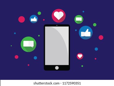 Vector illustrations of a phone surrounded by thumbs up, text message and heart shape icons over night sky colored background. Social media concepts.