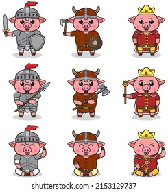 Vector illustrations of Pig characters in various medieval outfits. King, viking and knight costume. Vector illustration bundle