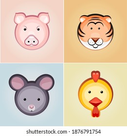 Vektorgrafiken von Schwein, Tiger, Henne, Maus