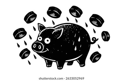 Ilustraciones vectoriales hucha bajo ducha de monedas