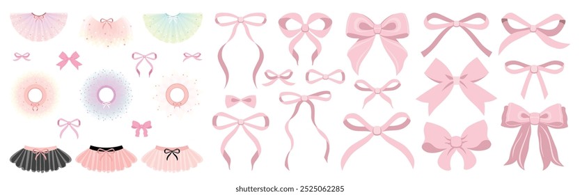 Vektorgrafiken von rosafarbenem Vintage-Bogen-Set. Bogen für mädchenhafte Haardekoration, flache Ikonen. Rosa, weiß, schwarzes Tutu, flache Illustrationen. Kleine Balletttänzerin weiche Farben Tutu mit kleiner Schleife, klassisches Ballett 