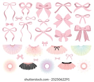 Ilustraciones vectoriales de conjunto de arco vintage rosa. Arco para la decoración del pelo femenino, iconos planos. Rosa, blanco, tutú negro, ilustraciones planas. Pequeña bailarina de ballet colores suaves tutu con pequeño arco, ballet clásico 