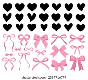 Vector Illustrations of pink vintage bows and hearts set. Bow for girly hair decor, flat icons. Ribbons isolated. Trendy girls accessories. Cute hairstyle elements collection. Simple hearts black