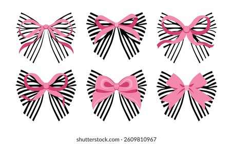 Vector Illustrations of pink vintage bows and stripe bows. Bow for girly hair decor, flat icons. Ribbons isolated. Trendy girls accessories. Cute hairstyle elements collection. Simple pink ribbon bow