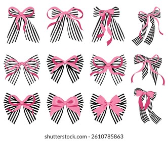 Vector Illustrations of pink vintage bows and stripe bows. Bow for girly hair decor, flat icons. Ribbons isolated. Trendy girls accessories. Cute hairstyle elements collection. Simple pink ribbon bow