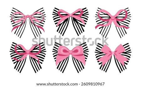 Vector Illustrations of pink vintage bows and stripe bows. Bow for girly hair decor, flat icons. Ribbons isolated. Trendy girls accessories. Cute hairstyle elements collection. Simple pink ribbon bow