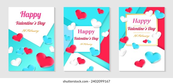 Vector illustrations with pink, white, and blue heart elements for a Valentine's Day banner or greeting card set of three concepts.