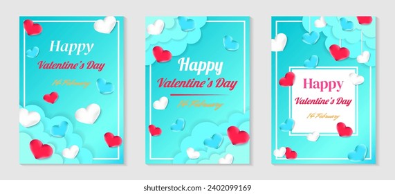 Vector illustrations with pink, white, blue heart, and cloud elements for a Valentine's Day banner or greeting card set of three concepts.
