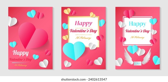 Vector illustrations with pink, white, blue, gold heart, and wing elements for a Valentine's Day banner or greeting card set of three concepts.
