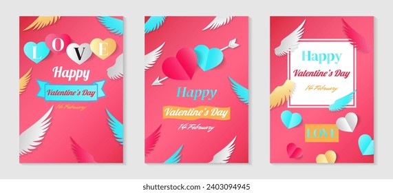 Vector illustrations with pink, white, blue heart and feather elements for a Valentine's Day banner or greeting card set of three concepts.