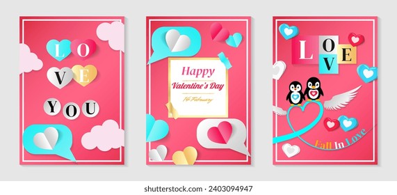 Vector illustrations with pink, white, blue heart, cloud, feather and a penguin's couple elements for a Valentine's Day banner or greeting card set of three concepts.