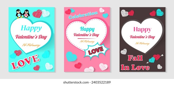 Vector illustrations with pink, white, blue heart, and penguin elements for a Valentine's Day banner or greeting card set of three concepts.