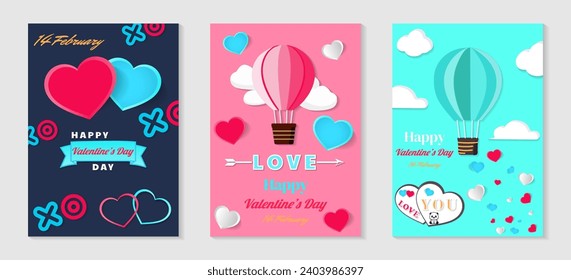 Vector illustrations with pink, white, blue heart, cloud and balloon elements for a Valentine's Day banner or greeting card set of three concepts.