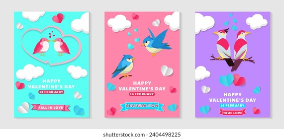 Vector illustrations with pink, white, blue heart, cloud, and a bird's couple elements for a Valentine's Day banner or greeting card set of three concepts.
