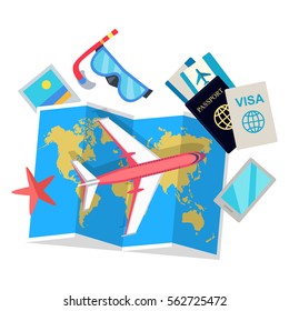 Vector illustrations of plane, map, smartphone, water star, underwater mask, visa, passport, photo. Course of trip and amazing adventure, flight and rest. Poster on the wall in travel company office.