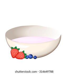 Vector illustrations of plate with yogurt and berries.