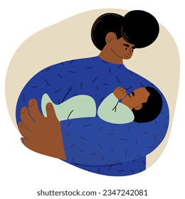 Vector illustrations portrait of black man holding sleeping baby in his hands. 