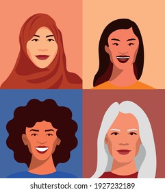 Vector illustrations portraits of cheerful women of different ethnicities and races. celebrating the diversity and freedom of women. feminism concept.