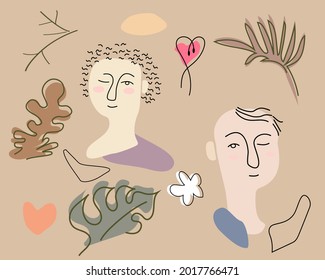 Vector illustrations of portraits of people, shapes, tropical leaves of palm and monstera, hearts, spots and textures for backgrounds. Abstract art for artistic design.