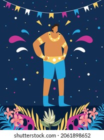 Vector illustrations for poster, abstract banner, background or card for the brazilian holiday, festival,drawings of dancing cheerful people, party and event,  musicians.