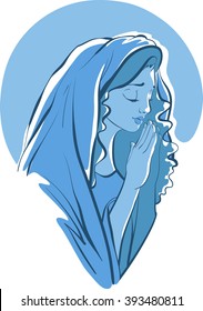 Vector illustrations of praying virgin Mary. Isolated on white. Blue version
