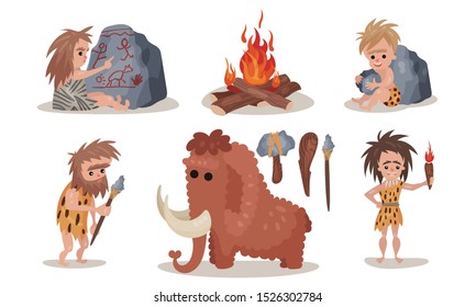 Vector Illustrations Prehistoric Stone Age Set Isolated On White Backround