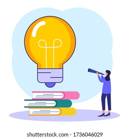 Vector illustrations, preparation for learning, new knowledge, online learning, ideas appear on piles of books.