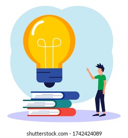 Vector illustrations, preparation for learning, new knowledge, online learning, ideas appear on piles of books.