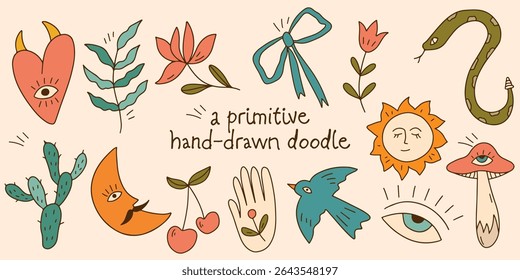 Сollection of vector illustrations in primitive doodle style with psychedelic elements in a retro colour palette. Images of heart, snake, hand, bow, mushroom, eye hand drawn images	