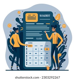 Vector illustrations of the process of organizing business meetings and office events. Man and woman with a calendar. Time management, organization of work, memo-reminder, work plan.