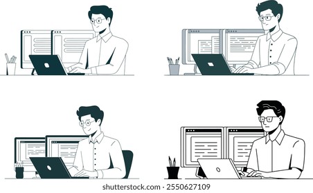 Ilustrações vetoriais de programadores no trabalho, codificação em laptops com telas duplas, desenvolvimento de software e espaço de trabalho de tecnologia em design plano moderno
