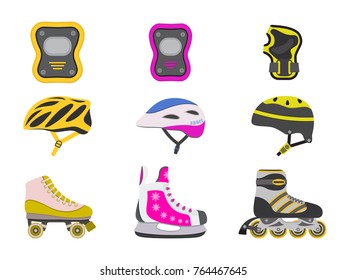 Vector illustrations. Protective gear, helmets and roller skates.