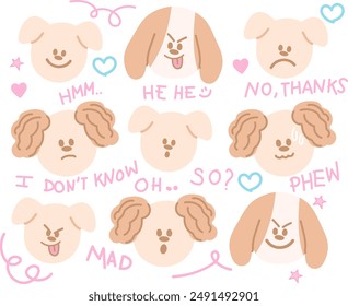 Vector illustrations of puppy expression such as happy, sad, confused, surprised for cartoon character, comic, mascot, dog sticker, adopt and rescue pet, vet, cute patches, brooch, plush toy, kid doll