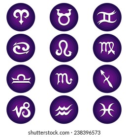 Vector illustrations of purple and white astrology zodiac icons for horoscope package set.