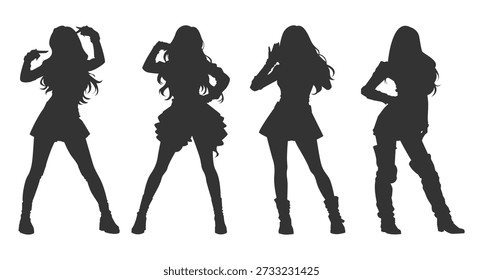Ilustraciones vectoriales cuarteto de bailarina actuando en el escenario. Silueta de mujeres pop coreanas mostradas en poses y movimientos dinámicos. Idolo coreano de diseño plano monocromo que representa la danza contemporánea.