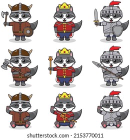 Vector illustrations of Raccoon characters in various medieval outfits. King, viking and knight costume. Vector illustration bundle