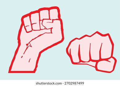 Ilustrações vetoriais de um punho levantado e um soco para a frente. Um símbolo de força, determinação, apoio e motivação. Adequado para cartazes, design e conteúdo social.