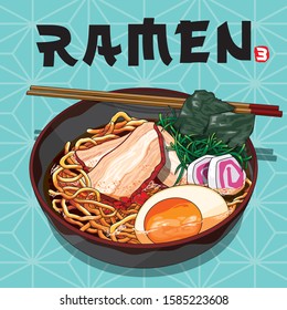 Vector Illustrations Of Ramen Bowl Japanese Noodle Soup With Chopsticks 