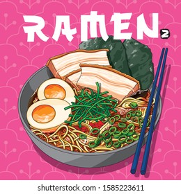 Vector illustrations of Ramen bowl Japanese noodle soup with chopsticks 