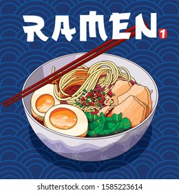 Vector illustrations of Ramen bowl Japanese noodle soup with chopsticks 