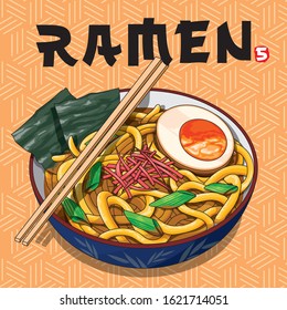 Vector illustrations of Ramen bowl Japanese noodle soup with chopsticks