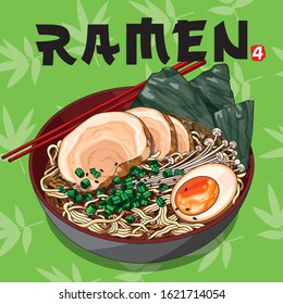 Vector illustrations of Ramen bowl Japanese noodle soup with chopsticks