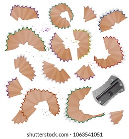 Vector illustrations in realistic style sharpened pencil a sharpener, pencil shavings and a graphite isolated on white background