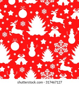 Vector illustrations of red Christmas pattern seamless with deer, fir, snowflakes, snowman