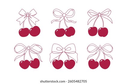 Vector Illustrations of red vintage bows and cherry set. Bow for girly hair decor, flat icons. Ribbons isolated. Trendy girls accessories. Cute hairstyle elements collection. Red ribbon bow berry