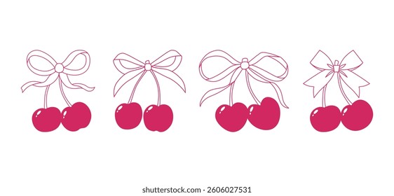 Vector Illustrations of red vintage bows and cherry set. Bow for girly hair decor, flat icons. Ribbons isolated. Trendy girls accessories. Cute hairstyle elements collection. Red ribbon bow berry