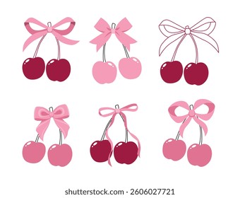 Vector Illustrations of red vintage bows and cherry set. Bow for girly hair decor, flat icons. Ribbons isolated. Trendy girls accessories. Cute hairstyle elements collection. Red ribbon bow berry