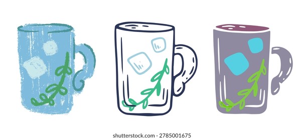 Vector illustrations of a refreshing cold drink, gin mule, or iced tea in glass mug with a handle, filled with ice cubes and green botanical branch. Presented in textured hand-drawn style, dark line vector contour and flat geometric coloring.
