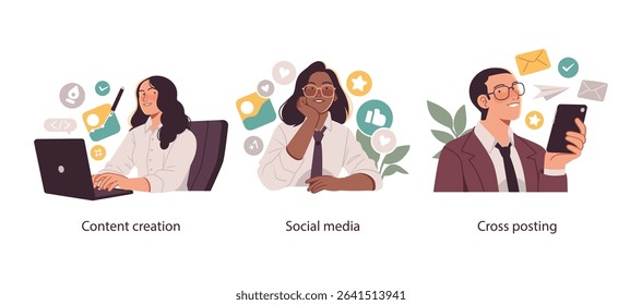 Vector illustrations representing digital content creation, social media engagement, and cross-posting strategies for online brand visibility and outreach.